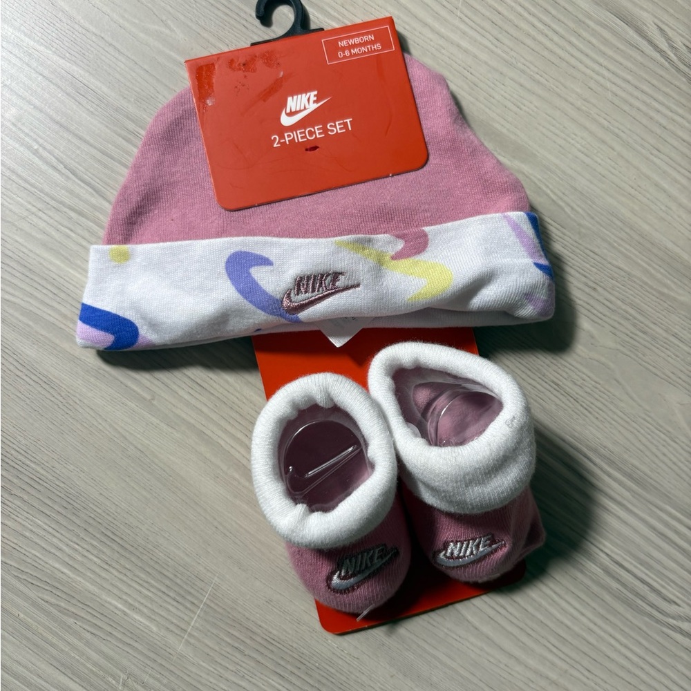 Nike Pink and White Baby Hat and Booties Set